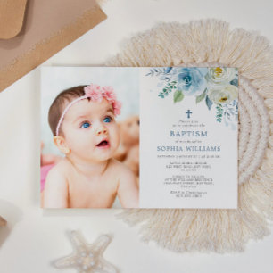 Invitation Bleu Dusty Rose Floral Photo Girl Baptême