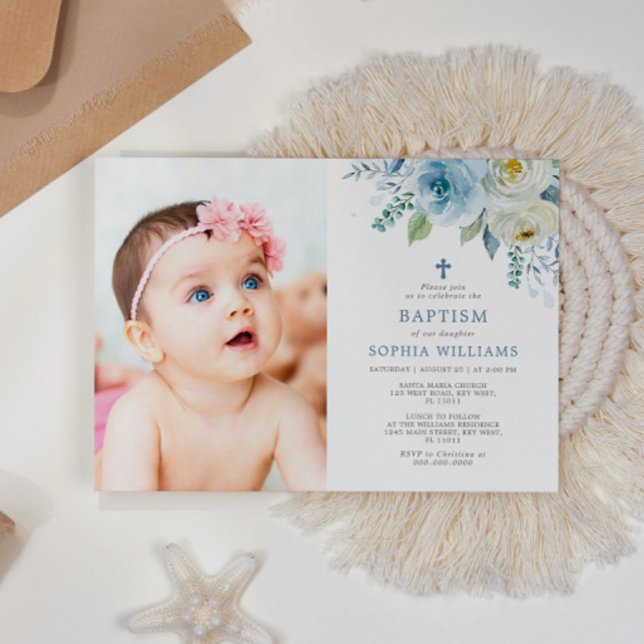 Invitation Bleu Dusty Rose Floral Photo Girl Baptême (Créateur téléchargé)