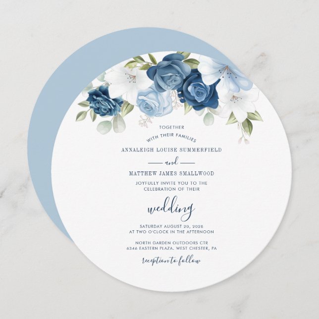 Invitation Bleu Dusty Script Floral Mariage moderne (Devant / Derrière)