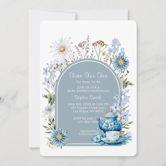 Invitation Bleu Dusty Temps Pour Baby shower De Thé (Devant)