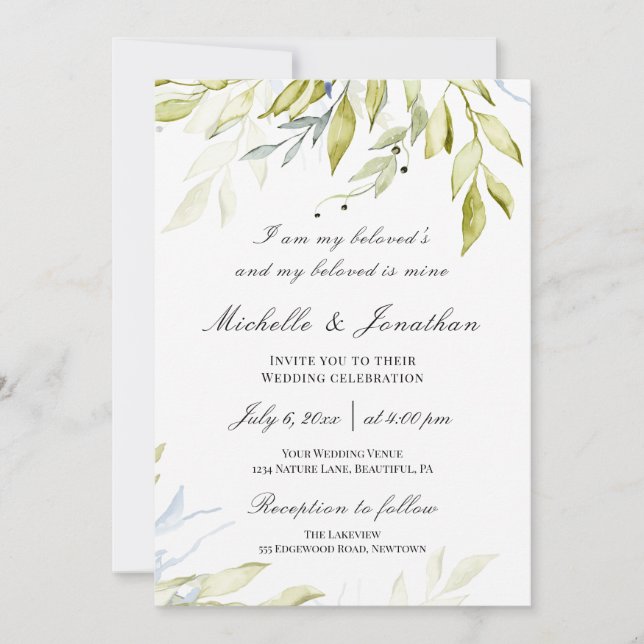 Invitation Bleu Dusty Vert Botanique Mariage chrétien (Devant)