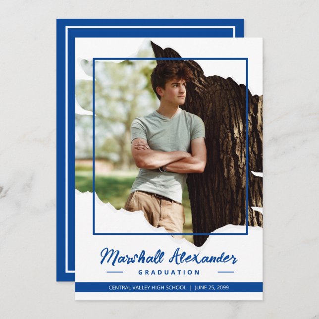 Invitation Bleu Edgy Abstrait Torn Photo Graduation (Devant / Derrière)