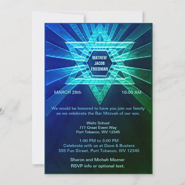 Invitation Bleu électrique et Barre verte Mitzvah (Devant)