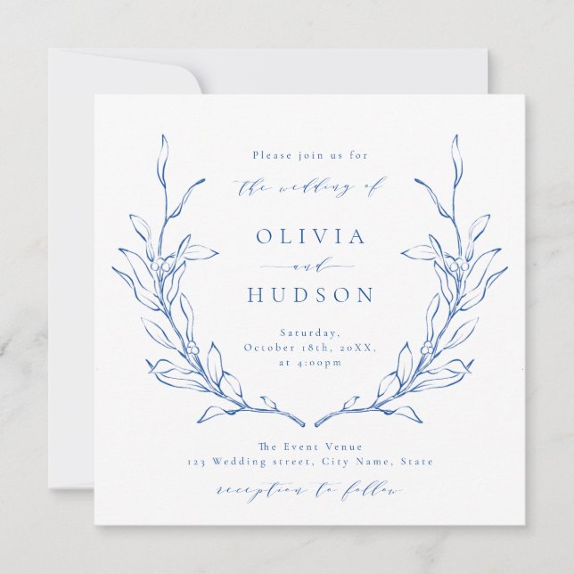 Invitation Bleu élégance botanique couronne mariage rustique (Devant)