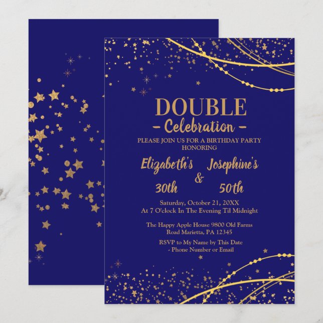 Invitation Bleu élégant avec étoiles or double joint annivers (Devant / Derrière)