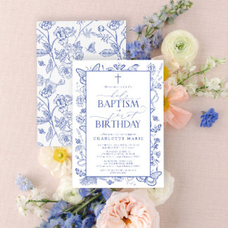 Invitation Bleu élégant Baptême botanique et 1er anniversaire