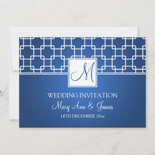 Invitation Bleu élégant de motif de treillis de monogramme de