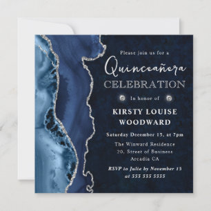 Invitation Bleu Élégant et Argent Pailleté Agate Quinceanera