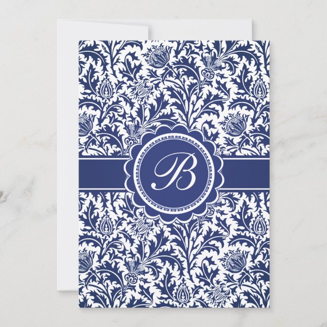 Invitation Bleu élégant et blanc William Morris Floral (Devant)