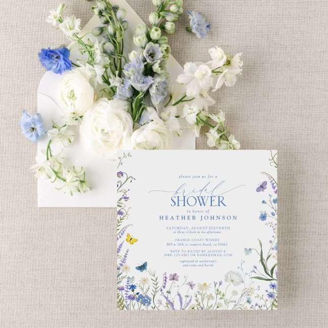 Invitation Bleu Elegant Fleur sauvage Fête des mariées floral (Join us for a blue wildflower bridal shower!)