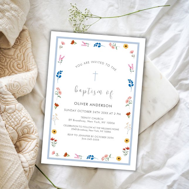 Invitation Bleu Élégant Fleur sauvage garçon Christening Bapt (Blue Elegant Wildflower Boy Christening Baptism Invitation)