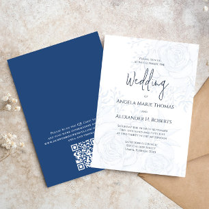 Invitation Bleu élégant Floral Simple Bleu classique Code Q