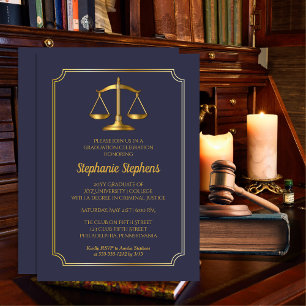 Invitation Bleu élégant Gold Law Attorney Graduation Party