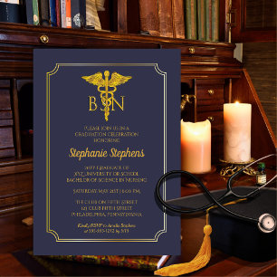 Invitation Bleu élégant Gold Nurse BSN Graduation Party