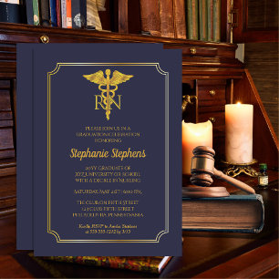 Invitation Bleu élégant   Gold Nurse RN Graduation Party