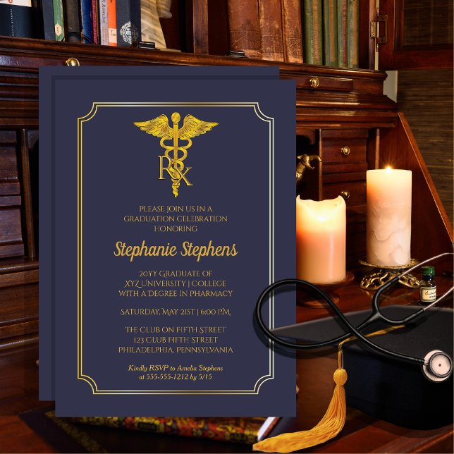 Invitation Bleu élégant | Gold Rx Pharmacy Graduation Party (Classy Elegant Blue and Gold Tone "Rx" Pharmacy Pharmacist Graduation Announcement Party Invitation)