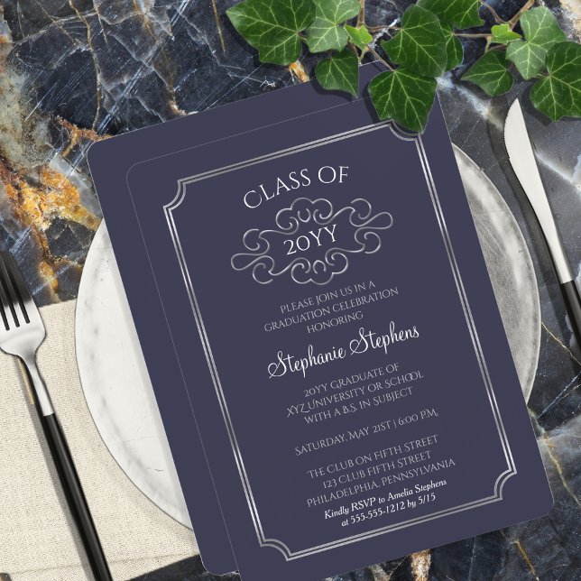 Invitation Bleu élégant | Silver College Graduation Party (Elegant Blue Silver College Graduation Party Invitation - Available in Print and/or Digital Download)