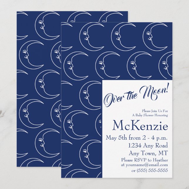 Invitation Bleu Élégant Sur La Lune Baby shower Céleste I (Devant / Derrière)