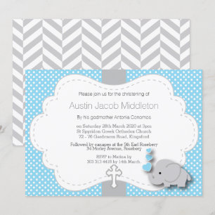Invitation Bleu - Elephant 🐘 photo bébé - Christening