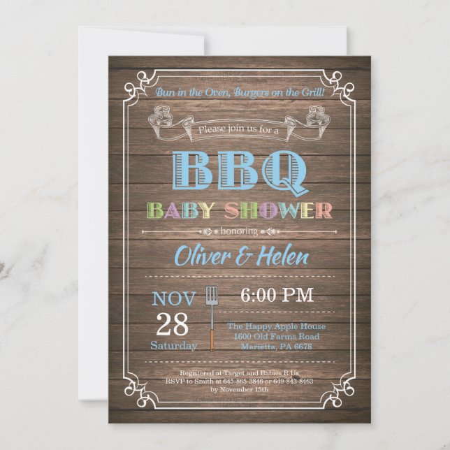 Invitation Bleu en bois rustique d'invitation de baby shower (Devant)