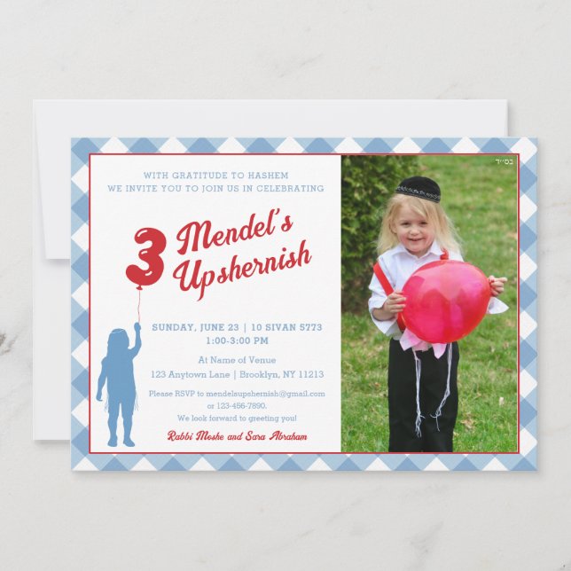 Invitation Bleu En vichy Ballons rouges Upsherin Photo Invita (Devant)