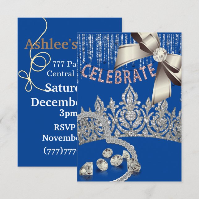 Invitation Bleu et argent avec couronne diamants bleus fête (Devant / Derrière)