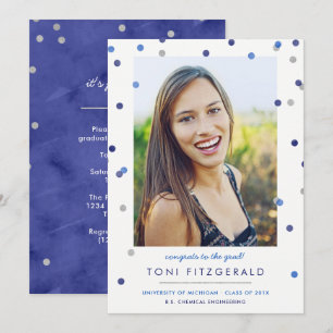 Invitation Bleu et argent Confetti Photo Graduation Invitatio