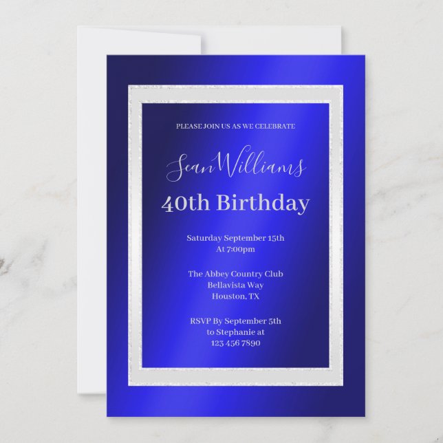 Invitation Bleu et argent encadré Hommes 40e anniversaire (Devant)