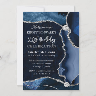 Invitation Bleu et Argent Faux Paillettes Agate Anniversaire