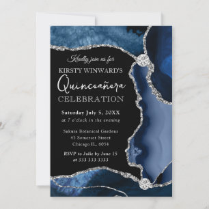 Invitation Bleu et argent Faux Paillettes Agate Quinceanera