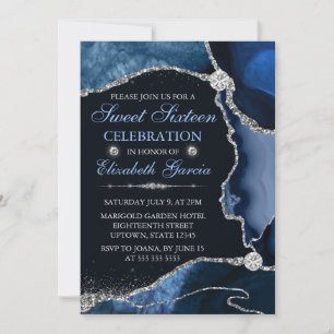 Invitation Bleu et argent faux paillettes Agate Sweet Sixteen
