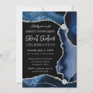 Invitation Bleu et argent faux paillettes d'agate Sweet 16