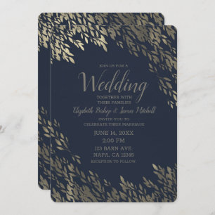 Invitation Bleu et Argent Feuille Chic Rustique Mariage