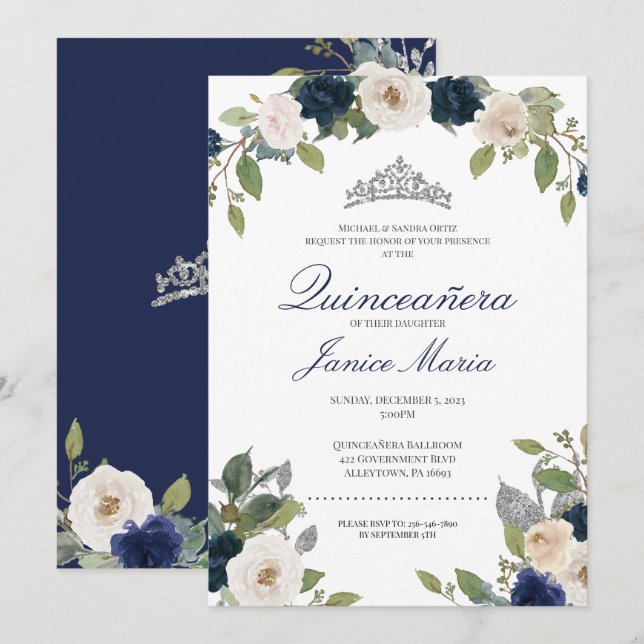 Invitation Bleu et Argent Tiara Floral Elegant Quinceañera (Devant / Derrière)