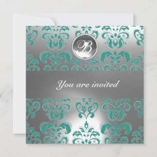 INVITATION BLEU ET BLANC DAMASSÉ PIERRE PRÉCIEUSE MONOGRAMME