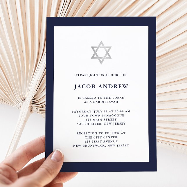 Invitation Bleu et blanc de minuit classique | Bar Mitzvah (Classic blue and white Bar Mitzvah invitation)