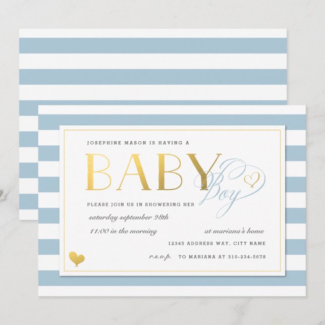 Invitation Bleu et blanc Faux Gold Baby Boy Douche (Devant / Derrière)