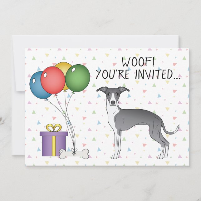 Invitation Bleu Et Blanc Italien Greyhound Cute Chien Anniver (Devant)