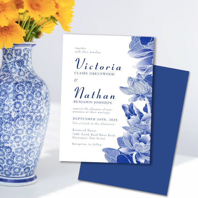 Invitation Bleu et blanc Lotus Floral Chinoiserie Mariage (Créateur téléchargé)