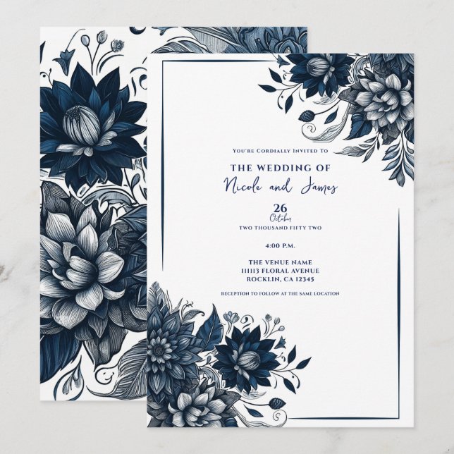 Invitation Bleu et blanc Mariage floral en verre de Bohême (Devant / Derrière)
