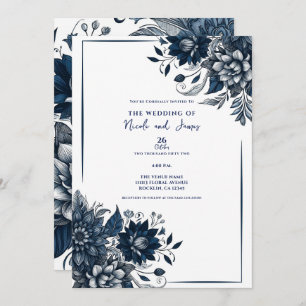 Invitation Bleu et blanc Mariage floral en verre de Bohême