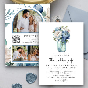 Invitation Bleu et blanc Peony Mason Jar QR Code Mariage