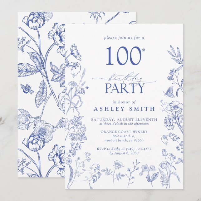 Invitation Bleu et blanc Victorien 100e fête d'anniversaire F (Devant / Derrière)