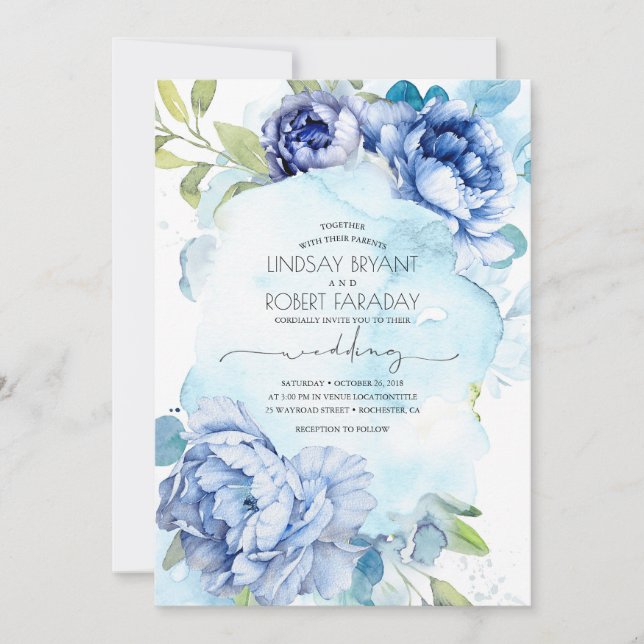 Invitation Bleu et bleu marine Mariage floral Boho (Devant)