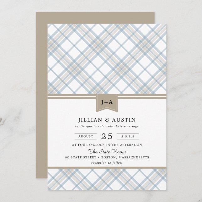Invitation Bleu et bronzage à plaid simple avec Mariage Monog (Devant / Derrière)