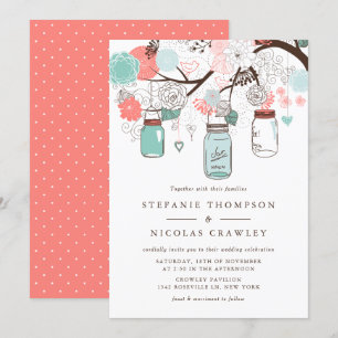 Invitation Bleu et corail accrochage Mason Jars Mariage