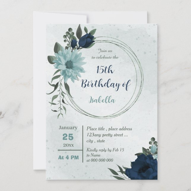 Invitation Bleu et fleurs marine Dusty anniversaire géométriq (Devant)