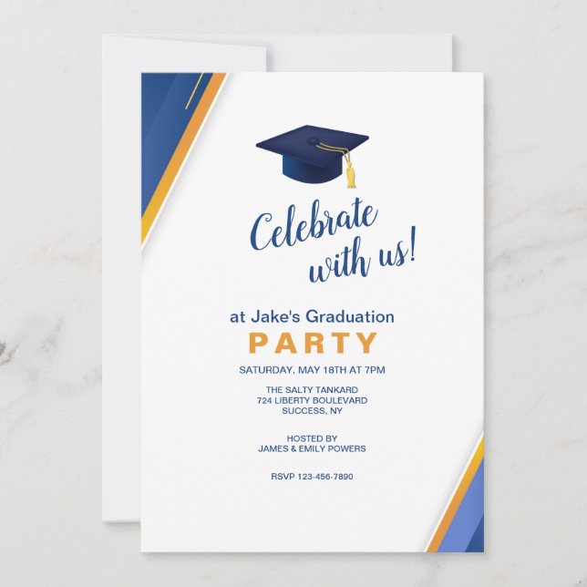 Invitation Bleu et Gold Corners Graduation Party (Devant)