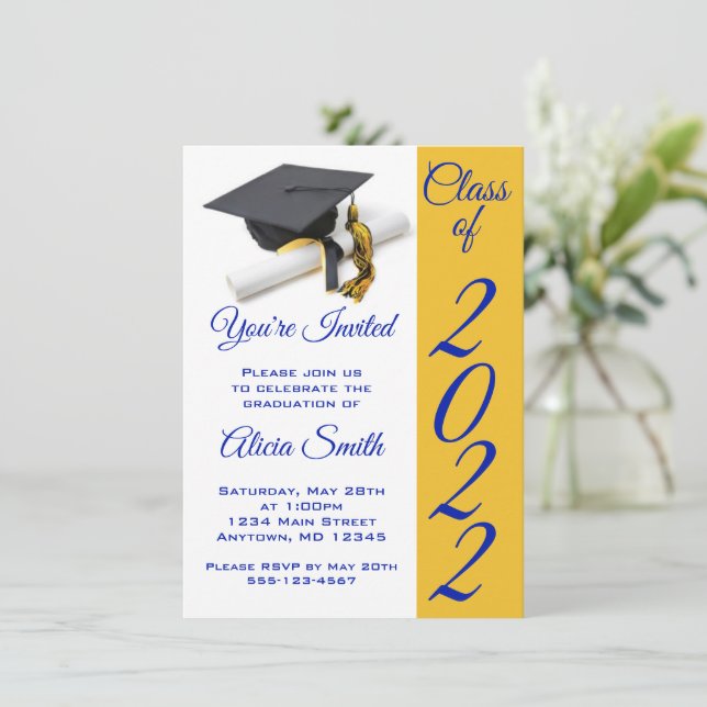 Invitation Bleu et Gold Graduation Cap et Tassel (Debout devant)