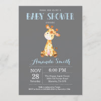 Bleu et gris d'invitation de baby shower de girafe